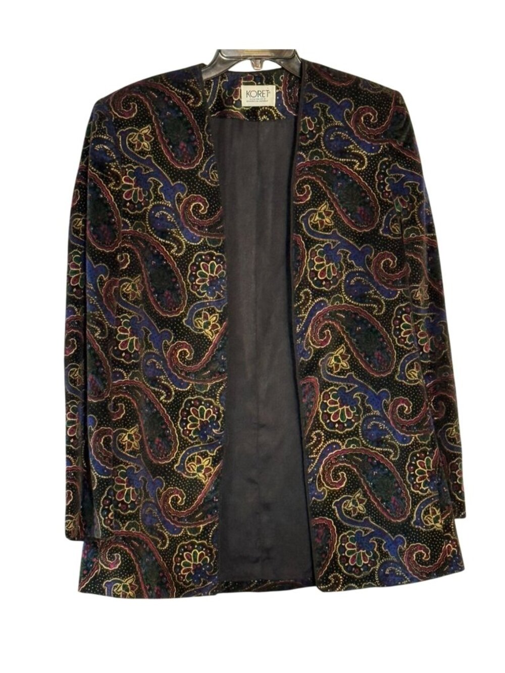Vintage Koret Size 8 Velvet Paisley Open Front Blazer Jacket Shoulder Pads Soft